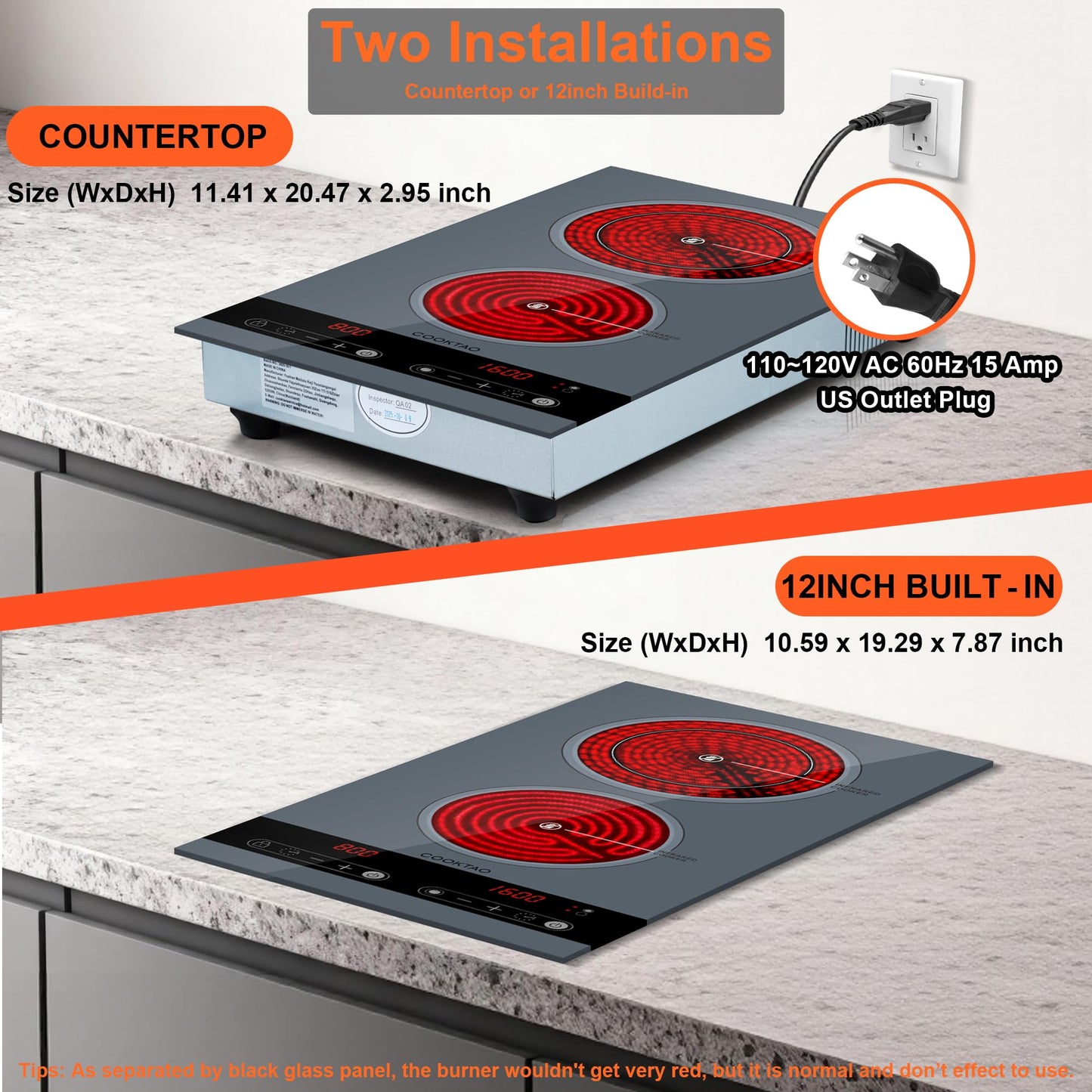 Dual Coil Design of 2 Burner Electric Cooktop, 1800W Ceramic Hot Plate for Cooking, Infrared Double Burner Portable Countertop or 24inch Built-in Radiant Stove Top Cooker, Compatible with All Cookware