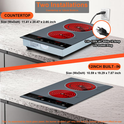 Dual Coil Design of 2 Burner Electric Cooktop, 1800W Ceramic Hot Plate for Cooking, Infrared Double Burner Portable Countertop or 24inch Built-in Radiant Stove Top Cooker, Compatible with All Cookware