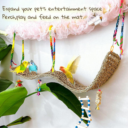 Bird Seagrass Mat 30 x 7 Inch Parrot Natural Seagrass Woven Net Hammock Parakeet Climbing Rope Ladder Mat Chew Toys Cage Accessories for Pigeon Macaw Cockatiel Conure Cockatoo Rat Bearded Dragon