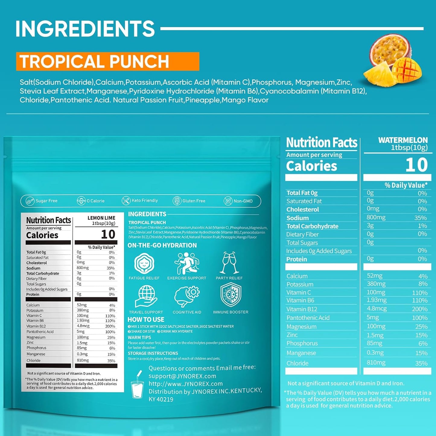 Electrolytes Powder Packets Sugar Free, 30 Sticks High Sodium Hydration Packets, Electrolyte Drink Mix with Lemon Lime Watermelon Peach Berry Kiwi Tropical Punch Lychee Cranberry, 10.5OZ