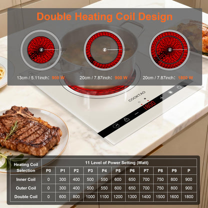 Dual Coil Design of 2 Burner Electric Cooktop, 1800W Ceramic Hot Plate for Cooking, Infrared Double Burner Portable Countertop or 24inch Built-in Radiant Stove Top Cooker, Compatible with All Cookware