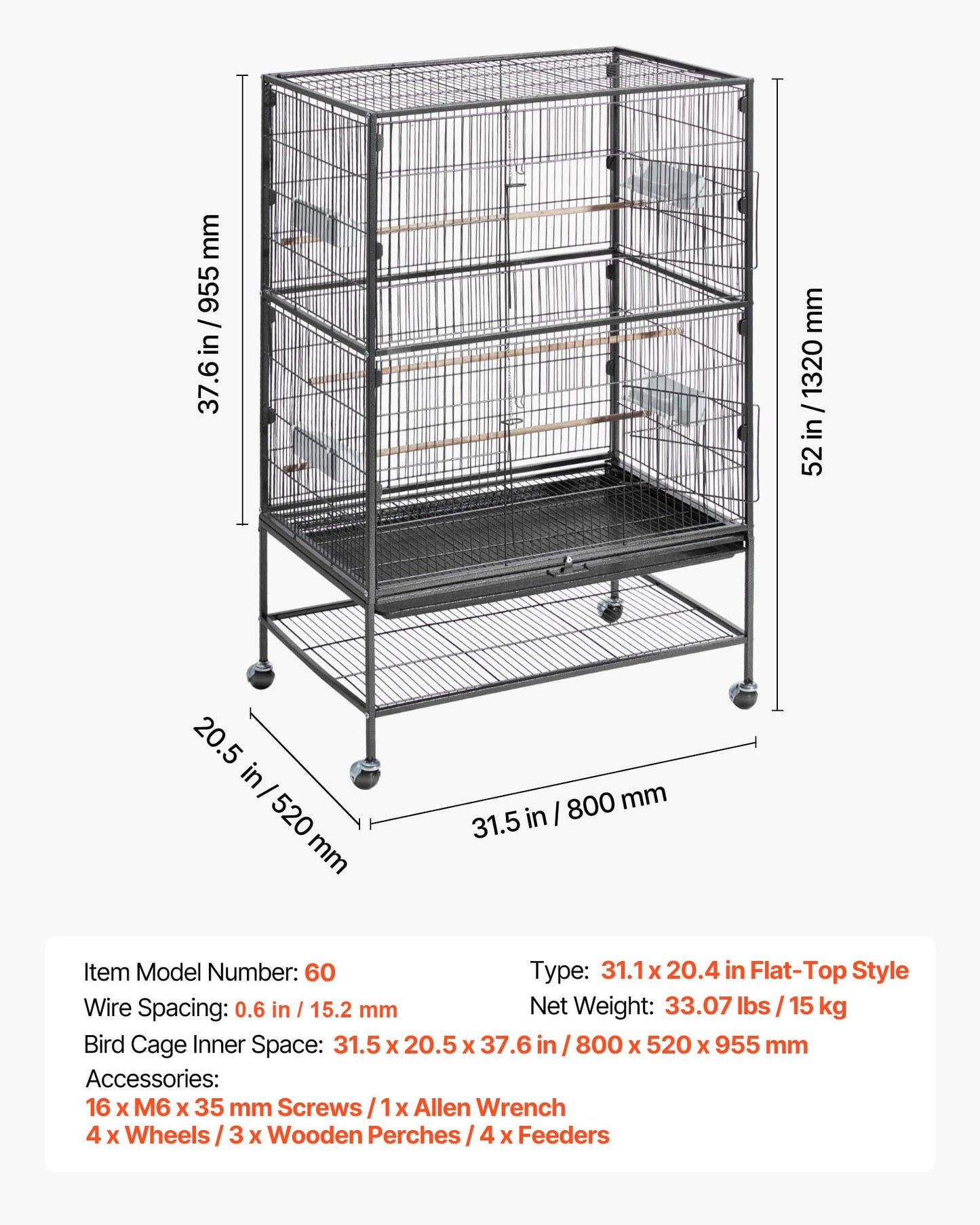 VEVOR Bird Cage, 24.6 x 16.7 x 53.9 inch, Flat Top, Wrought Iron Bird Flight Cage with Perches, Slide-Out Tray and Plastic Feeders, Casters, for Parrot, Blue Tit, Cockatiel, Canary, Budgerigar, Conure
