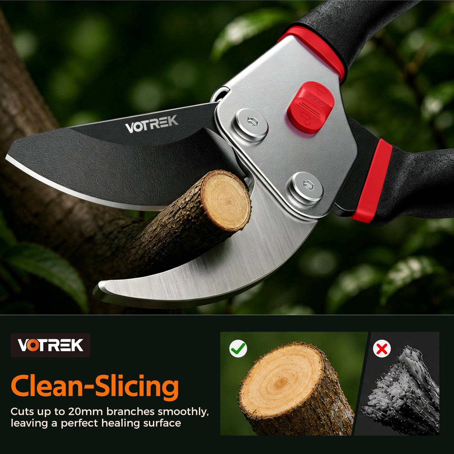 VOTREK® Pruning Shears, 8.5” Professional Garden Pruner with Jam-Proof Spring & Ever-Sharp SK5 Blade, Ergonomic Bypass Clippers for Rose, Tree Trimming, Heavy Duty Bonsai Scissor for Weak Hand