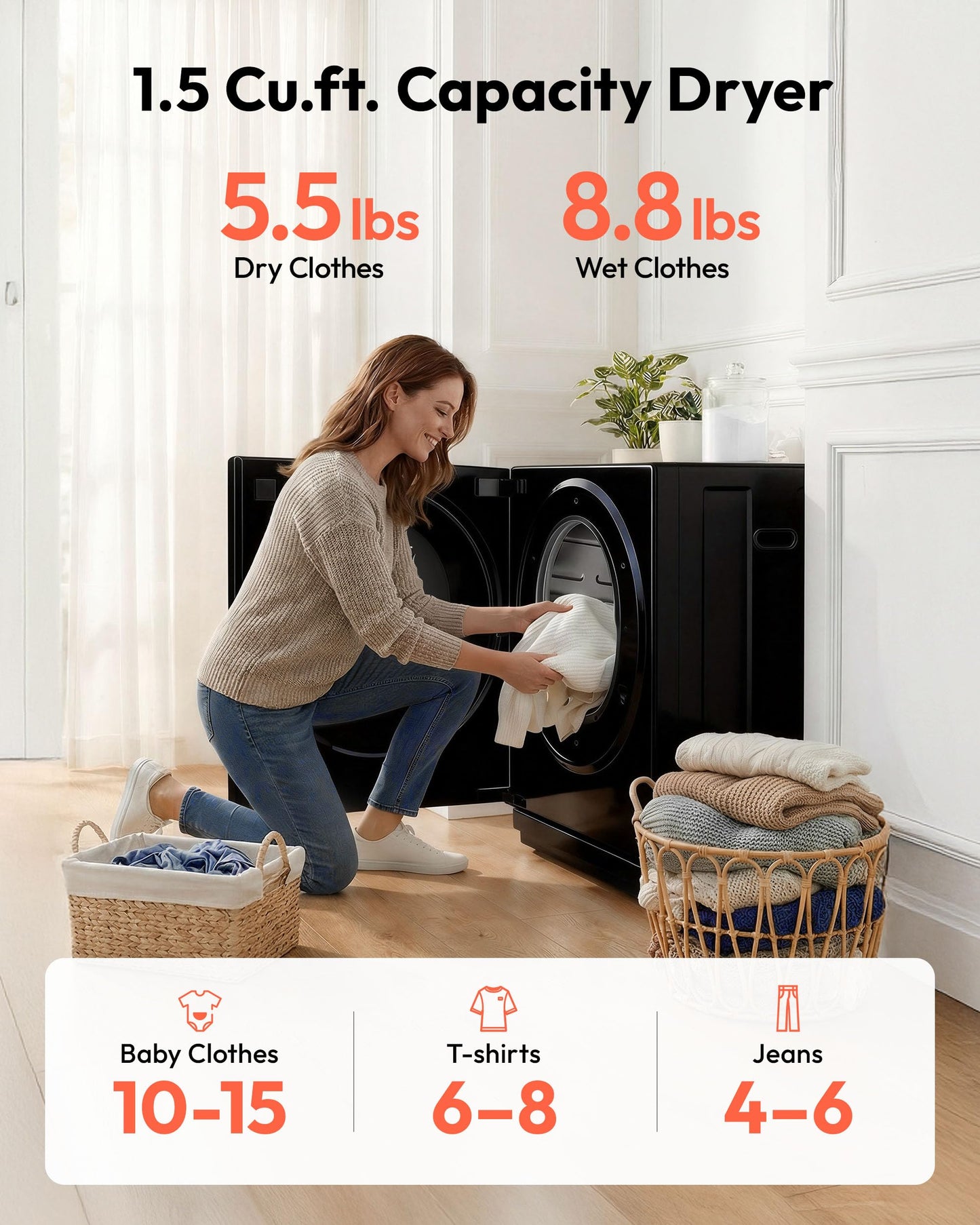 EUHOMY 1.5 Cu.ft Portable Dryer with 4 Drying Programs, 5.5lbs Clothes Capacity, Mirror Finish & LCD Panel, 850W Portable Clothes Dryer for Apartment, Dorm & RV, Black