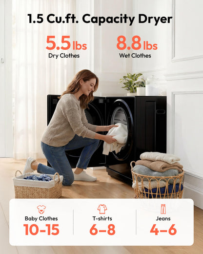EUHOMY 1.5 Cu.ft Portable Dryer with 4 Drying Programs, 5.5lbs Clothes Capacity, Mirror Finish & LCD Panel, 850W Portable Clothes Dryer for Apartment, Dorm & RV, Black