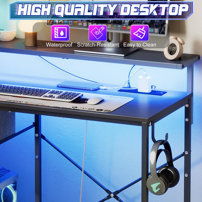 X-cosrack 33.5" Small Gaming Desk with LED Lights & Power Outlets, Compact Computer Desk with Monitor Stand & CPU Stand, Gamer Table with Storage Drawer, Side Hooks for Home Office, Bedroom, Black