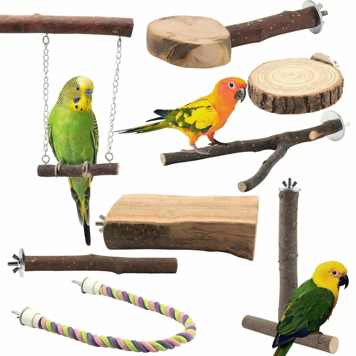 8 PCS Bird Perch Set for Cage - Natural Apple Wood Platforms & Hardwood Branches for Parakeets, Budgies, Cockatiels - Small Bird Habitat Gym, Climbing Stand & Safe Chew Toys