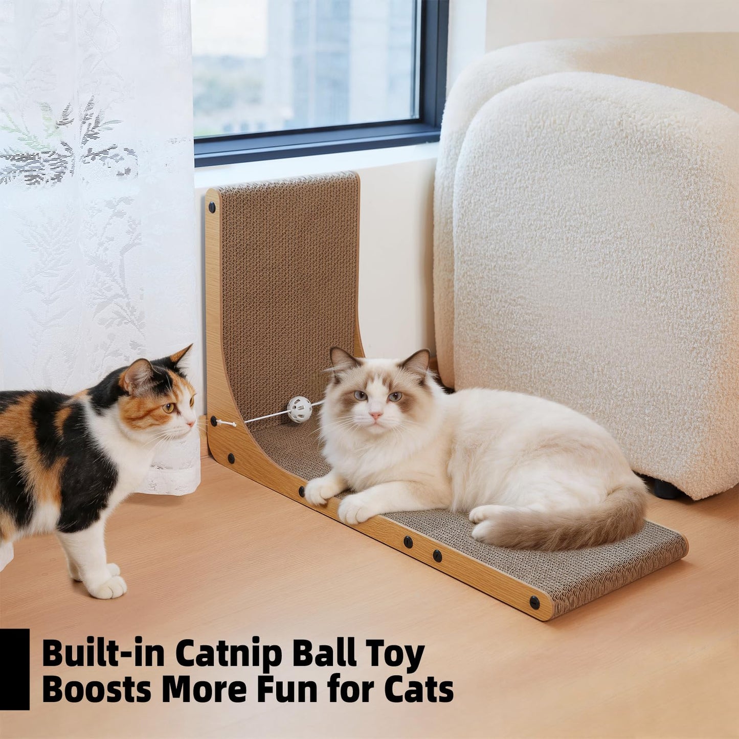 Value 2-Pack 23.6 Inch L-Shaped Cardboard Cat Scratcher, Dual Use (Vert/Horiz) Scratch Pad with Toy Balls, Wall-Mountable Furniture Protector Cat Scratchers for Indoor Cats