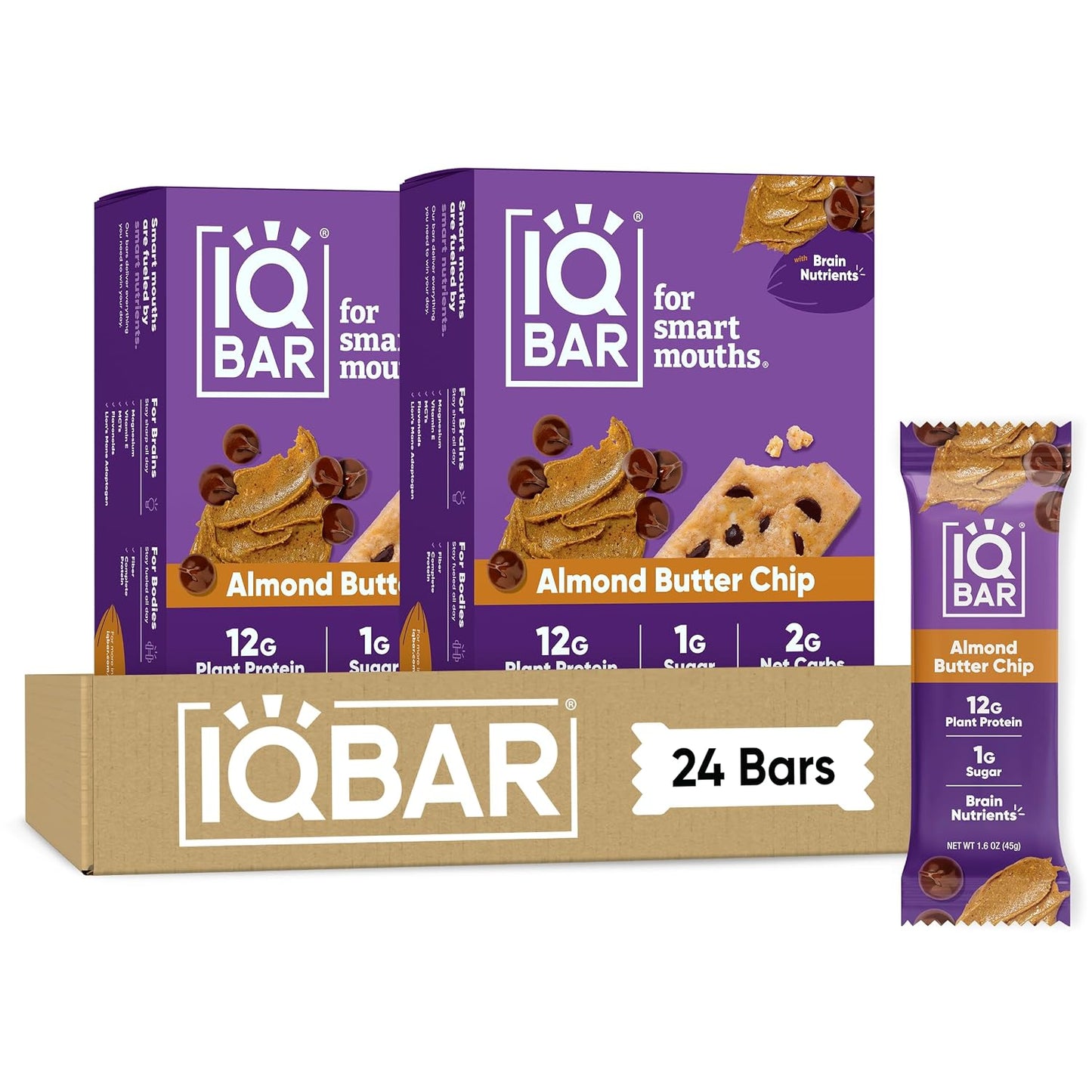 IQBAR Clean Plant Protein Bars, Almond Butter Chip 12-Count | Protein Snack | High Fiber, High Protein, Low Sugar, Clean Label Project Certified | Gluten Free, Dairy Free, Vegan, Keto, Soy Free