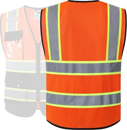 JKSafety Hi Vis Reflective Safety Vests for Men Women High Visibility Vest with Pockets Mesh Fabric Construction Safety Apparel Neon Vest for Work (220-Yellow L)