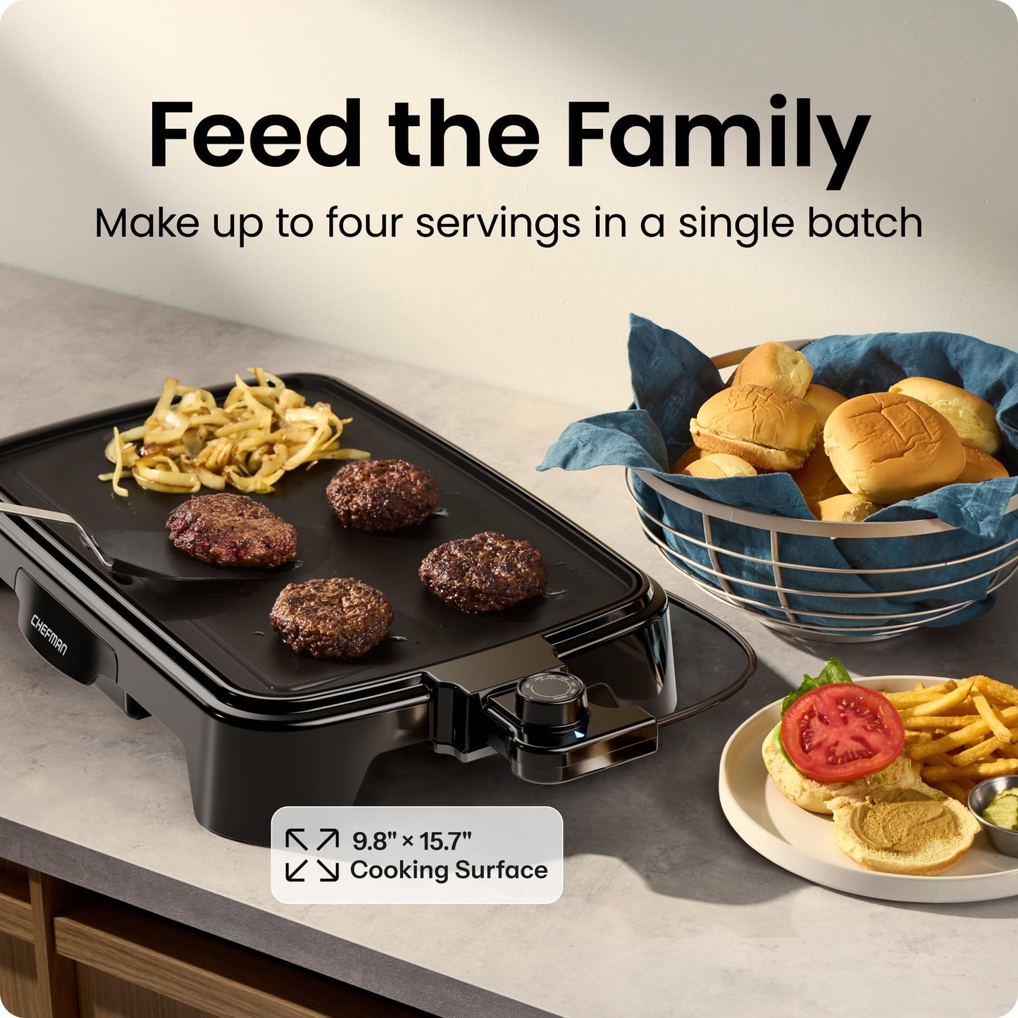 Chefman XL Electric Griddle with Removable Temperature Control, Immersible Flat Top Grill, Burger, Eggs, Pancake Griddle, Nonstick Extra Large Cooking Surface, Slide Out Drip Tray, 10 x 20 Inch