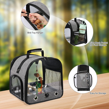 Bird Carrier Bag with Stand, Lightweight Backpack for Parrot, Portable Cockatiel Travel Cage with Accessories, Pet Transparent Breathable Carrier, Gray
