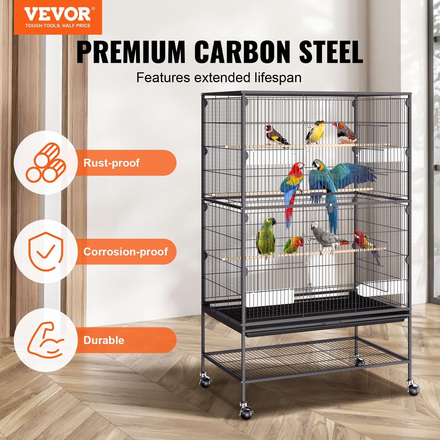 VEVOR Bird Cage, 24.6 x 16.7 x 53.9 inch, Flat Top, Wrought Iron Bird Flight Cage with Perches, Slide-Out Tray and Plastic Feeders, Casters, for Parrot, Blue Tit, Cockatiel, Canary, Budgerigar, Conure