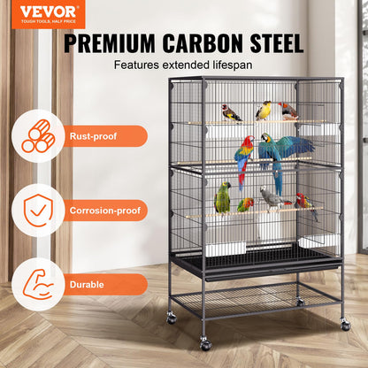 VEVOR Bird Cage, 24.6 x 16.7 x 53.9 inch, Flat Top, Wrought Iron Bird Flight Cage with Perches, Slide-Out Tray and Plastic Feeders, Casters, for Parrot, Blue Tit, Cockatiel, Canary, Budgerigar, Conure