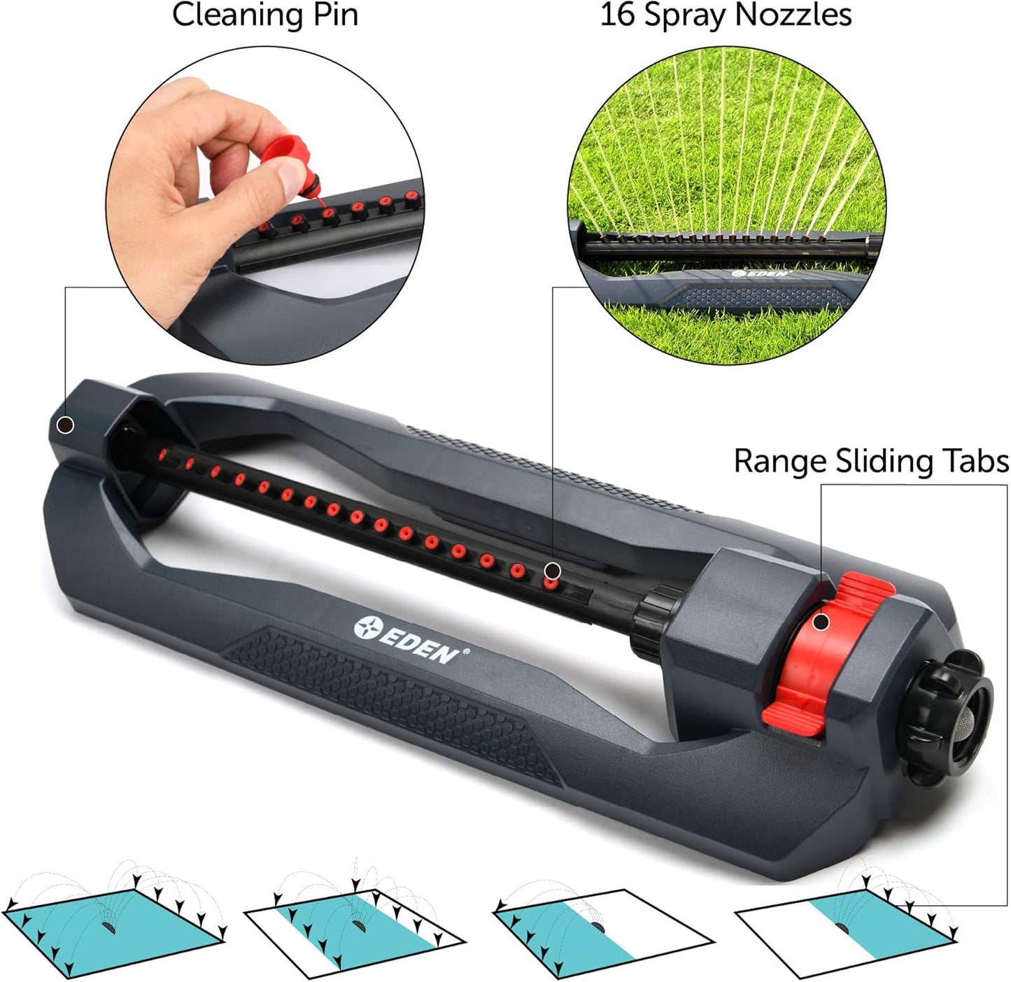 Eden 96213EDAMZ Weighted Essential Oscillating Sprinkler | Covers Up to 3,600 sq. ft., 16 Precision Nozzles, Adjustable Range, Turbo Drive Motor, Quick Connect Bundle, Stainless Steel Filters, Black