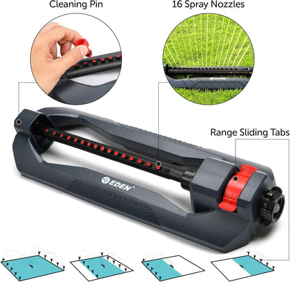 Eden 96213EDAMZ Weighted Essential Oscillating Sprinkler | Covers Up to 3,600 sq. ft., 16 Precision Nozzles, Adjustable Range, Turbo Drive Motor, Quick Connect Bundle, Stainless Steel Filters, Black