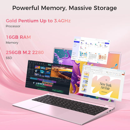 15.6" Pink Laptop, Laptop with 16GB RAM 256GB SSD, Gold 6500Y(Beat Pentium, Up to 3.4GHz), 1080P FHD IPS Display, Bluetooth, WIFI, HDMI, USB-C, USB3.2, 38WH Battery, Laptop Computer for Students