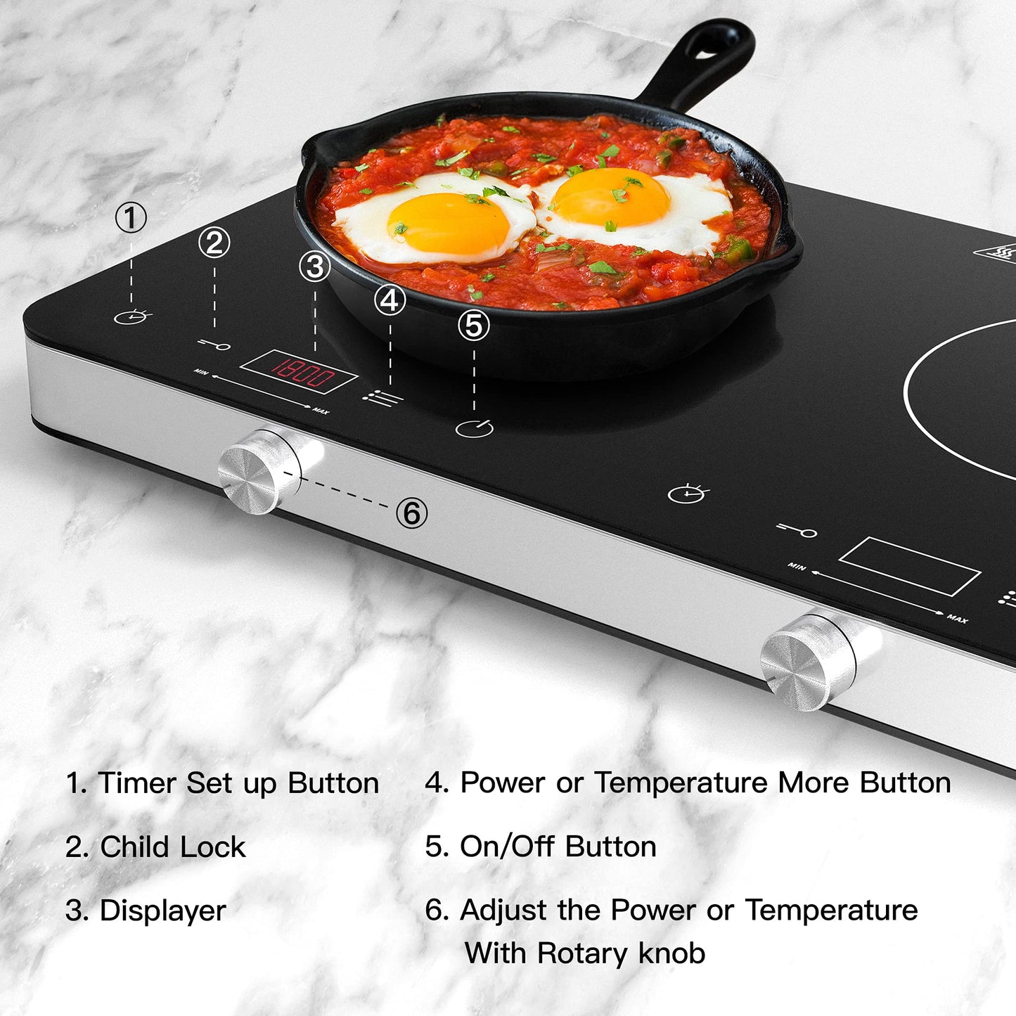COOKTRON Double Induction Cooktop Burner with Fast Warm-Up Mode, 1800w 2 Burner with 10 Temperature 9 Power Settings, Portable Dual Induction Cooker Cooktop with Child Safety Lock & Time