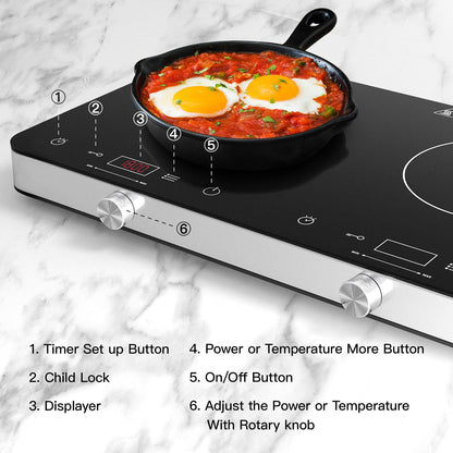 COOKTRON Double Induction Cooktop Burner with Fast Warm-Up Mode, 1800w 2 Burner with 10 Temperature 9 Power Settings, Portable Dual Induction Cooker Cooktop with Child Safety Lock & Time