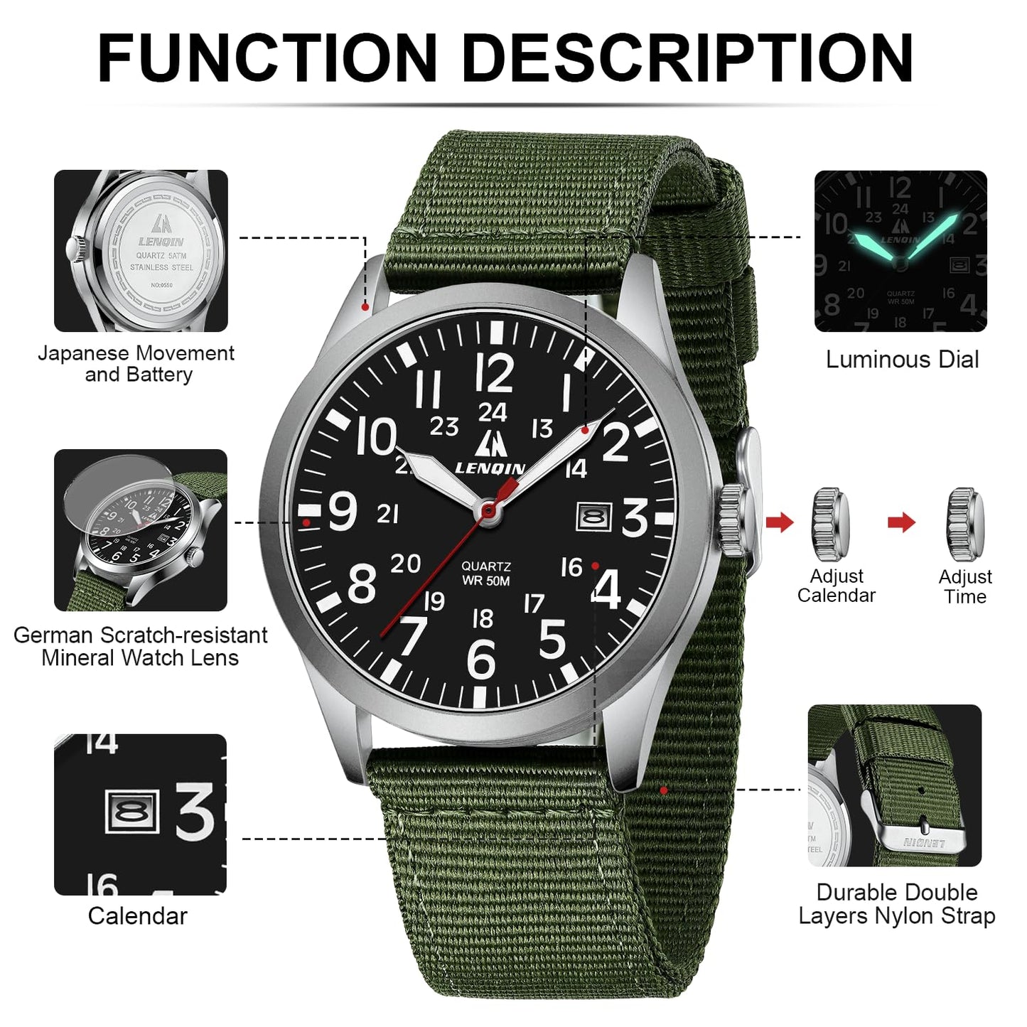 LN LENQIN Mens Watches Unisex Military Sport Nylon Strap Stylish Luminous Fashion Analog Quartz Watch for Men Waterproof Army Tactical Casual Wristwatch