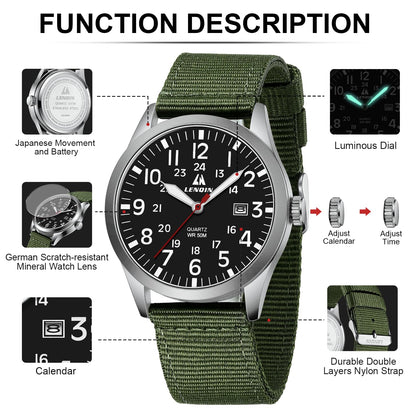 LN LENQIN Mens Watches Unisex Military Sport Nylon Strap Stylish Luminous Fashion Analog Quartz Watch for Men Waterproof Army Tactical Casual Wristwatch