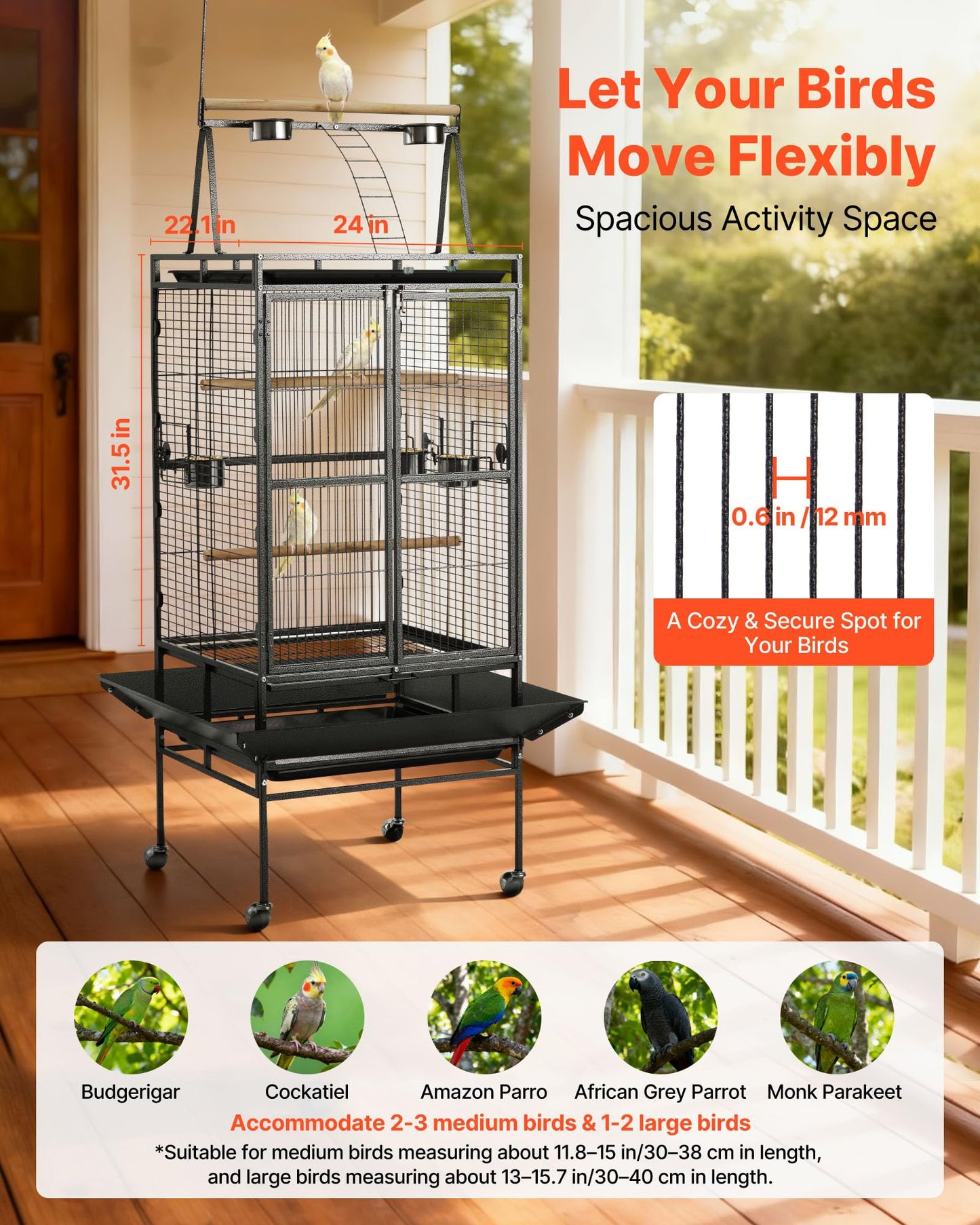 VEVOR Bird Cage, 24.6 x 16.7 x 53.9 inch, Flat Top, Wrought Iron Bird Flight Cage with Perches, Slide-Out Tray and Plastic Feeders, Casters, for Parrot, Blue Tit, Cockatiel, Canary, Budgerigar, Conure