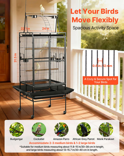 VEVOR Bird Cage, 24.6 x 16.7 x 53.9 inch, Flat Top, Wrought Iron Bird Flight Cage with Perches, Slide-Out Tray and Plastic Feeders, Casters, for Parrot, Blue Tit, Cockatiel, Canary, Budgerigar, Conure