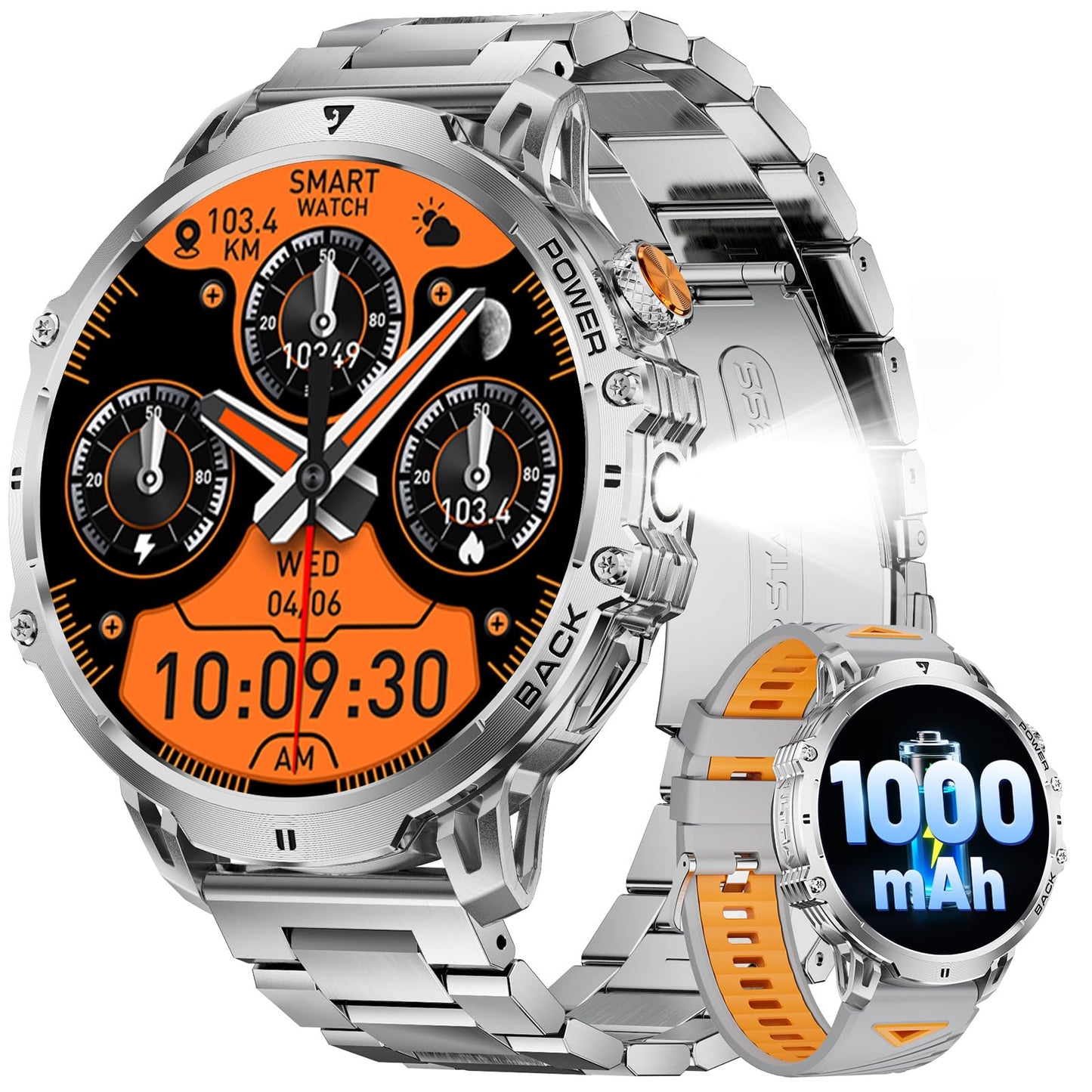 LIGE Military Smart Watches for Men(2 Bands),1000mAh/1.85" HD Large Screen Smartwatch, Flashlight/110+ Sports Modes/Sleep Monitor, Fitness Tracker Watch for Android iOS,Black