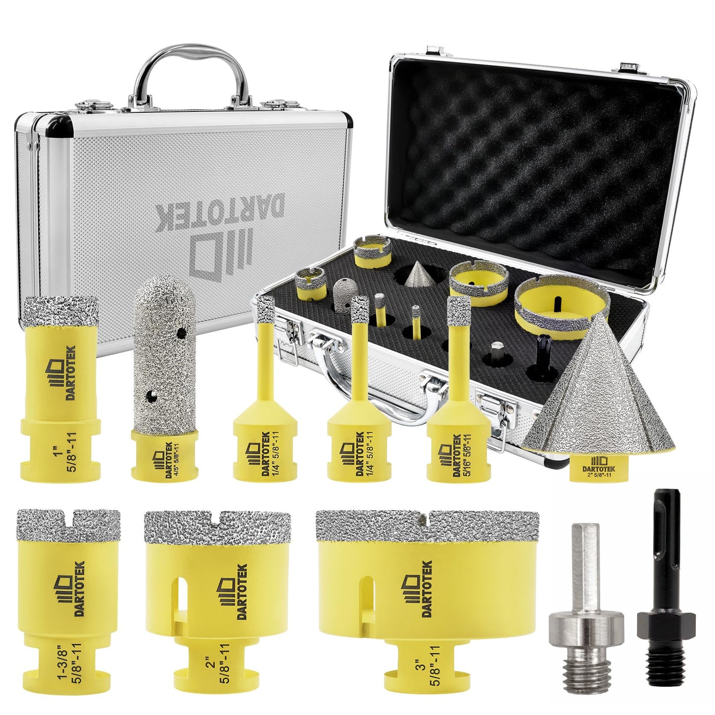 Diamond Core Drill Bits Set for Tile, DARTOTEK 10PCS Porcelain Hole Saw Kit with Aluminum Case, (6/6/8/20/35/50/65mm+2" Chamfer bit +SDS Adapter, Dry/Wet Drilling for Ceramic, Granite & Marble