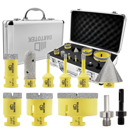Diamond Core Drill Bits Set for Tile, DARTOTEK 10PCS Porcelain Hole Saw Kit with Aluminum Case, (6/6/8/20/35/50/65mm+2" Chamfer bit +SDS Adapter, Dry/Wet Drilling for Ceramic, Granite & Marble