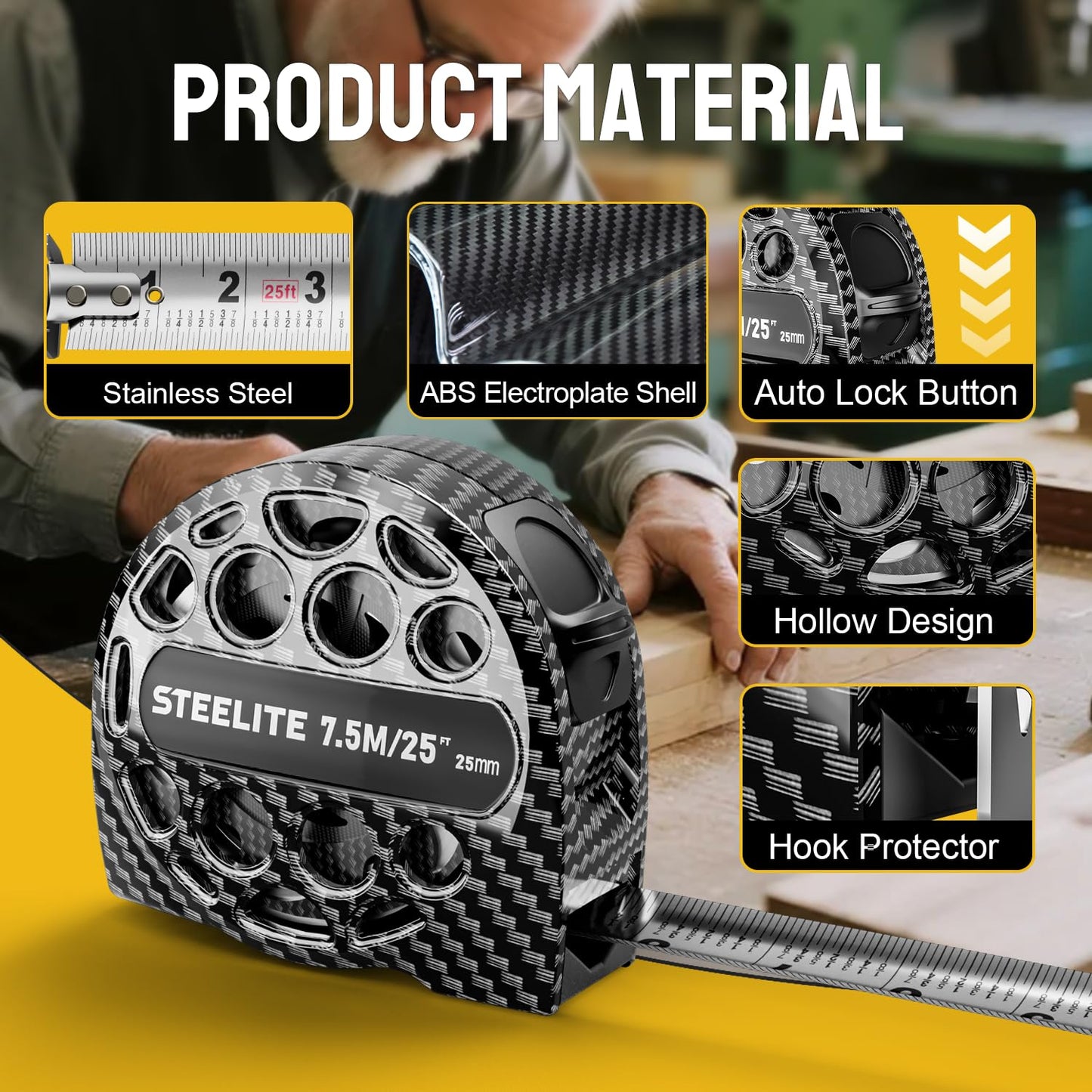 STEELITE Tape Measure 25'FT Stainless Steel Waterproof & Rustproof Retractable Measuring Tape with Hollow Design Carbon Fiber