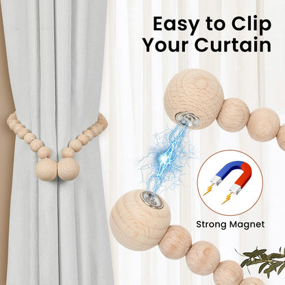 KLOGTSIND Magnetic Curtain Tiebacks, Curtain Holdbacks for Curtains 2 Pack, Wood Bead Curtain Holders for Boho Bedroom Decor, Baby Nursery Decor, Farmhouse Decor