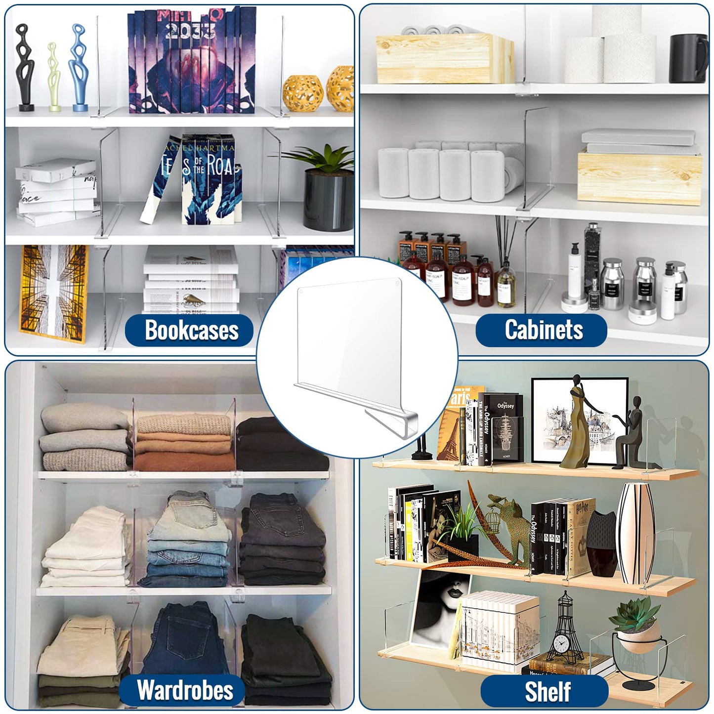BAUMFEUER 12 Pack Clear Acrylic Shelf Dividers for Closet Shelf Organizer of Bedroom Kitchen Office Bathroom Organizer for Clothes Books Hats and Handbags