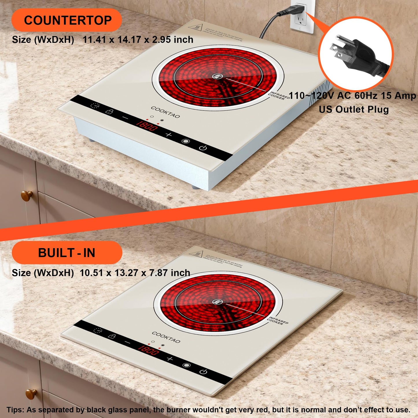 Dual Coil Design of 2 Burner Electric Cooktop, 1800W Ceramic Hot Plate for Cooking, Infrared Double Burner Portable Countertop or 24inch Built-in Radiant Stove Top Cooker, Compatible with All Cookware