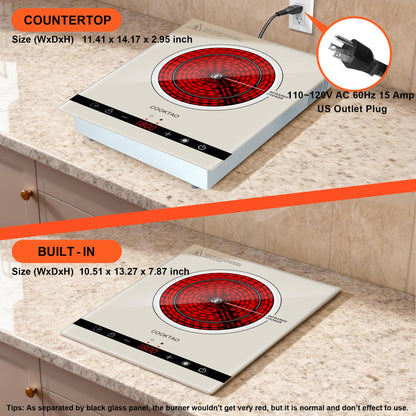 Dual Coil Design of 2 Burner Electric Cooktop, 1800W Ceramic Hot Plate for Cooking, Infrared Double Burner Portable Countertop or 24inch Built-in Radiant Stove Top Cooker, Compatible with All Cookware