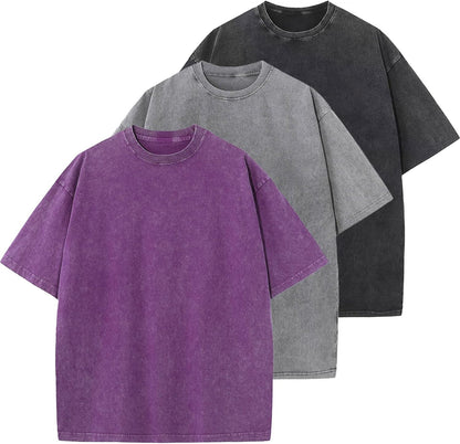 Men's Cotton T-Shirts Oversized Unisex Short Sleeves Casual Loose Wash Solid Basic Tee Tops