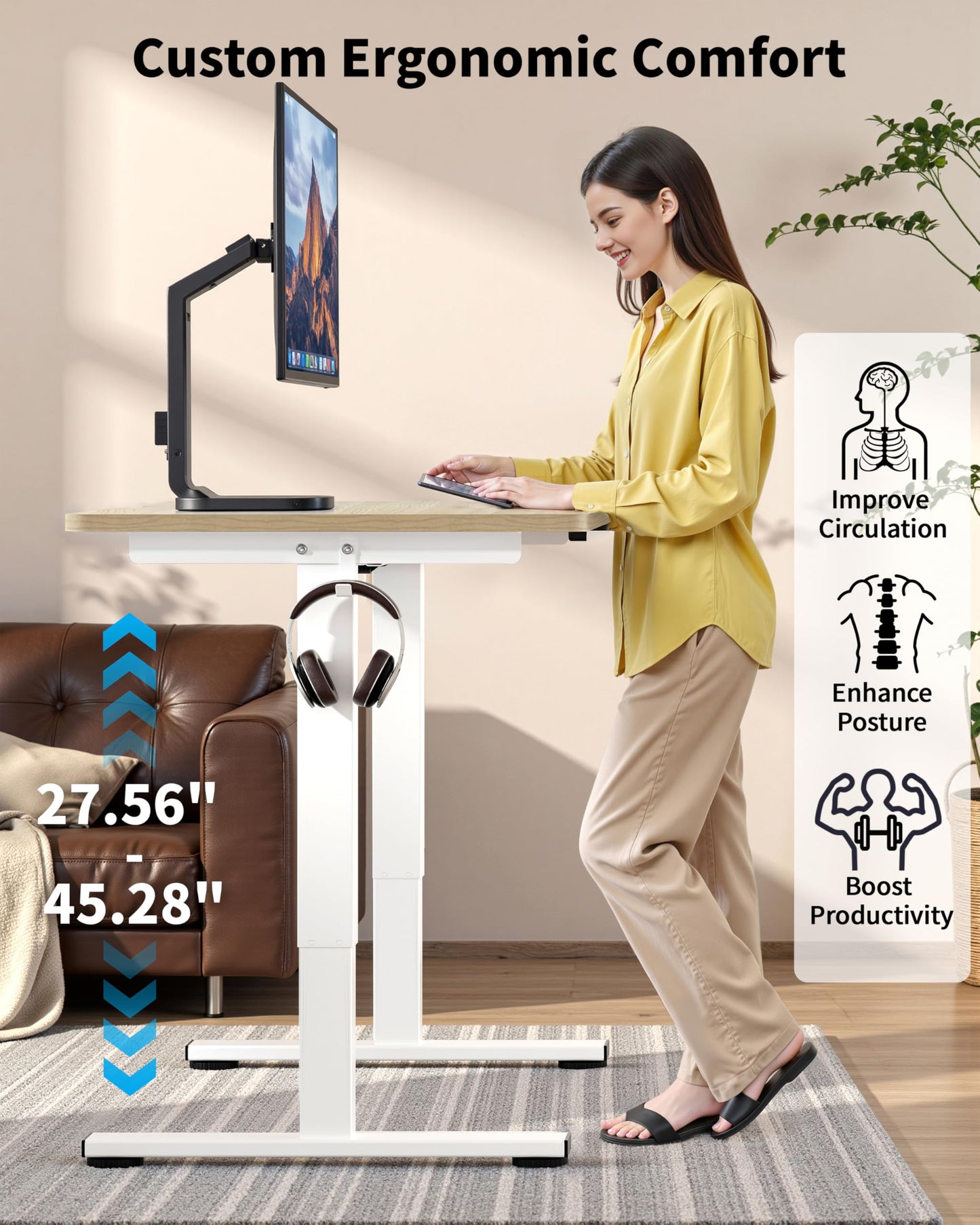 Okin Small Electric Standing Desk, 36" x 24" Whole Piece Height Adjustable Desk, Oak Sit to Stand Computer Workstation with Wheels for Home Office