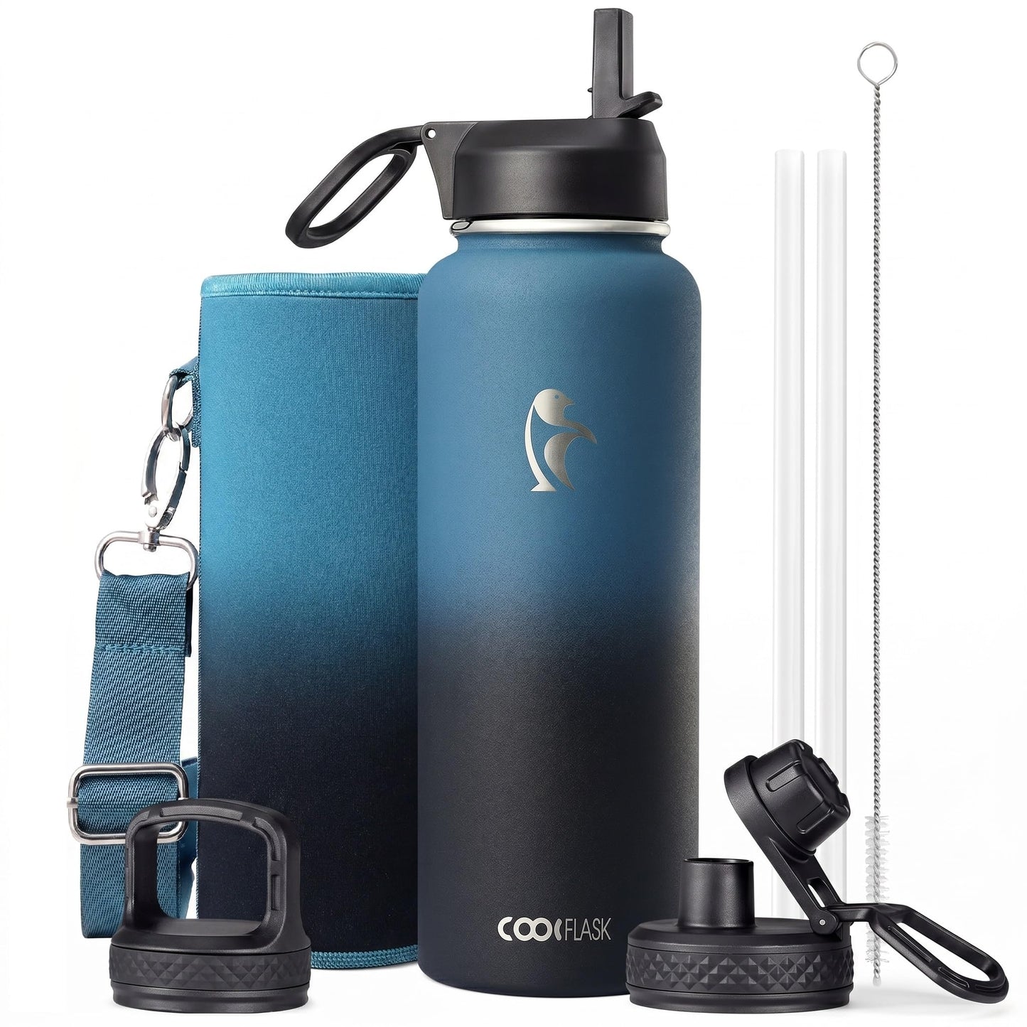 Half Gallon Water Bottle Insulated with Straw & 3 Lids, Coolflask 64 oz Water Jug Large Metal Stainless Steel Wide Mouth for Sports, Gym or Office, Non-BPA Keep Cold 48H Hot 24H, Samurai Cyan