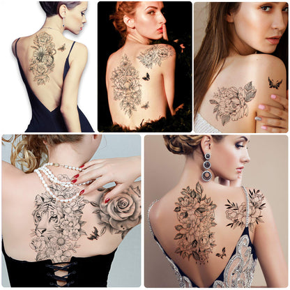 Yazhiji 36 Sheets Temporary Tattoos Stickers, 12 Sheets Fake Body Arm Chest Shoulder Tattoos for Men or Women with 24 PCS Tiny Black Tattoos