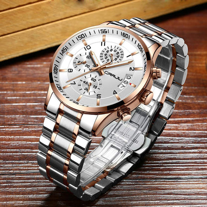CRRJU Men's Fashion Stainless Steel Watches Date Waterproof Chronograph Wristwatches,Black Steel Band Waterproof Quartz Watch for Men