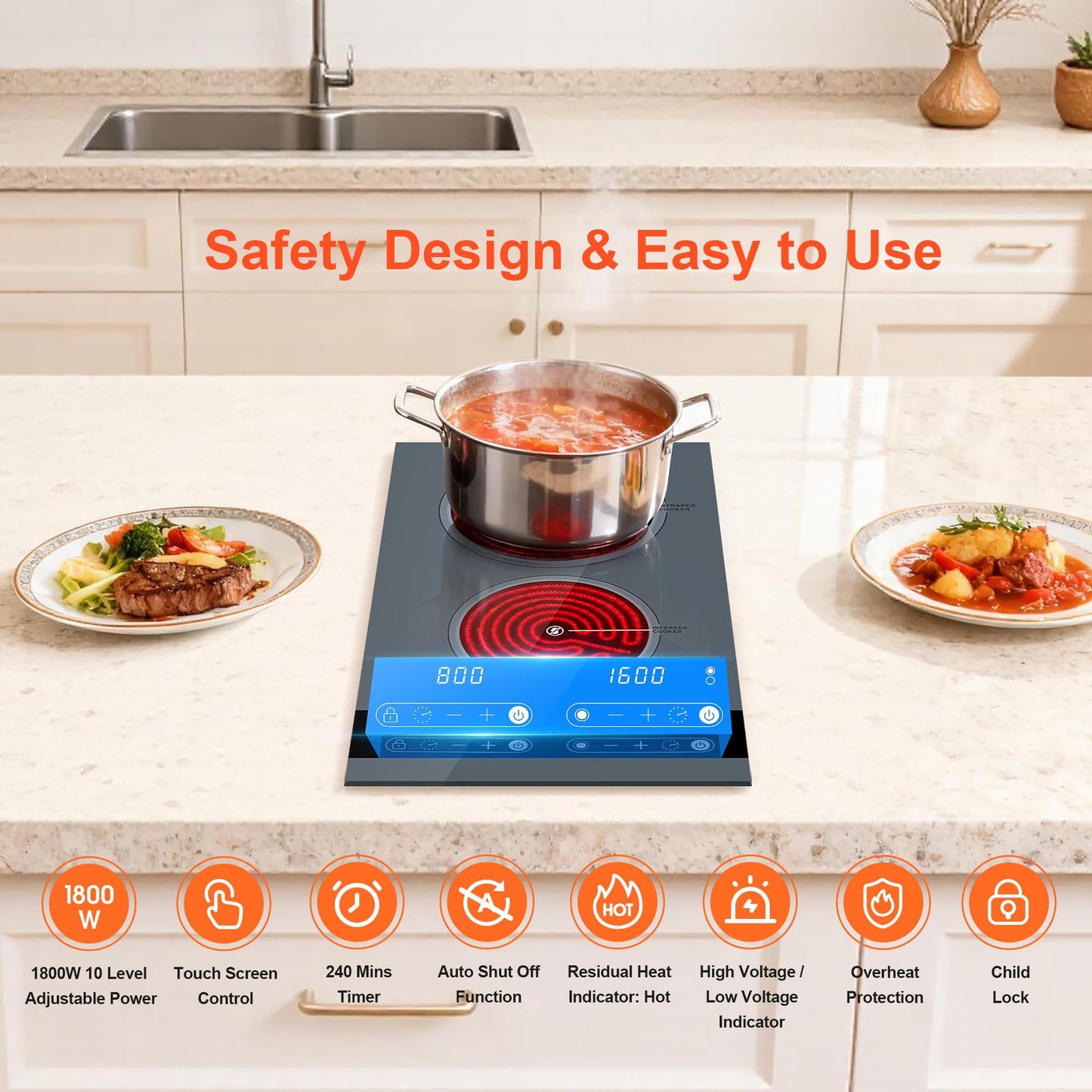 Dual Coil Design of 2 Burner Electric Cooktop, 1800W Ceramic Hot Plate for Cooking, Infrared Double Burner Portable Countertop or 24inch Built-in Radiant Stove Top Cooker, Compatible with All Cookware