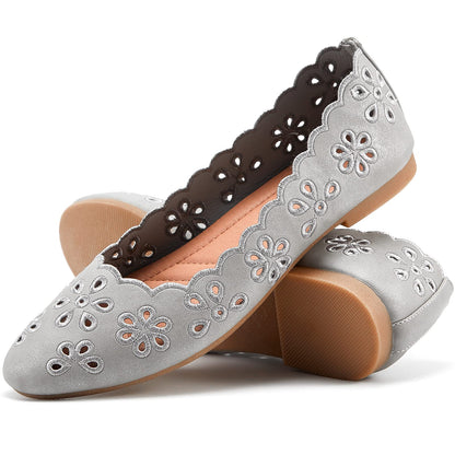 FRACORA Women's Ballet Flats Black PU Leather Dress Shoes Comfortable Round Toe Slip on Flats with Breathable Eyelets
