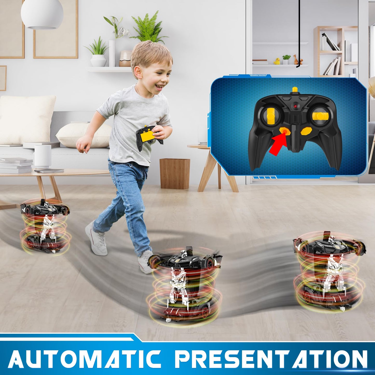FDJ Remote Control Car - Transform Toys Car Robot, One Button Deformation to Robot with Flashing Light, 2.4Ghz 1:18 Scale Transforming Police Car Kids Toys with 360 Degree Rotating, Girls Boys Toys