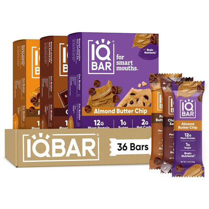 IQBAR Clean Plant Protein Bars, Almond Butter Chip 12-Count | Protein Snack | High Fiber, High Protein, Low Sugar, Clean Label Project Certified | Gluten Free, Dairy Free, Vegan, Keto, Soy Free