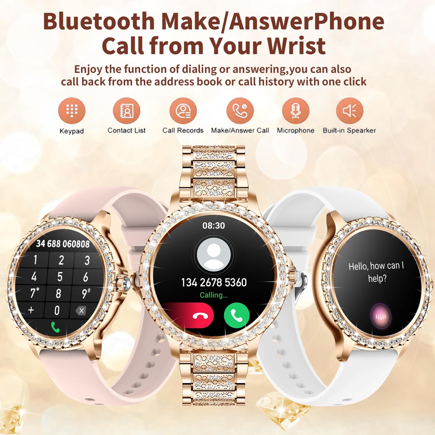 Smart Watch for Women with Diamonds (Answer/Make Call),1.32''Full Screen Smart Watch for Android /iOS,Fitness Tracker with Heart Rate/Blood Oxygen/Sleep Monitor/AI Voice Watches for Women,3 Straps