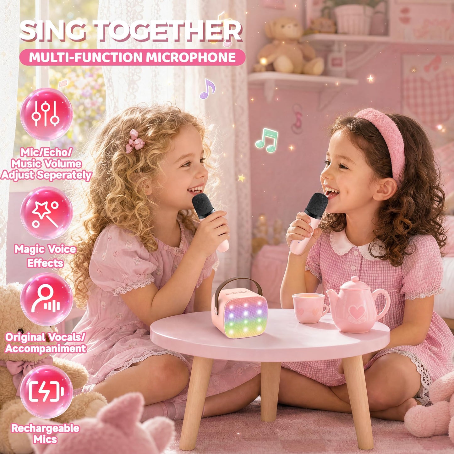 YLL Mini Karaoke Machine for Kids Adults, Portable Bluetooth Speaker with 2 Wireless Microphones, Trendy Birthday Gifts Toys for Girls Ages 3, 4, 5, 6, 7, 8, 9, 10+ Years Old Home Family Party (P-ink)