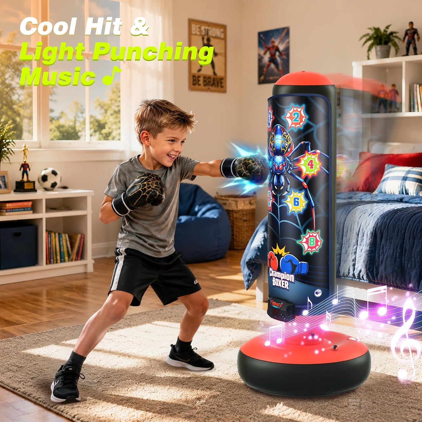 Kids Inflatable Punching Bag with Electronic Score Counter Music Lights 4 Game Modes, Complete Boxing Set with Gloves Air Pump, Indoor Outdoor Martial Arts Toy Gift for Boys Girls 4-12