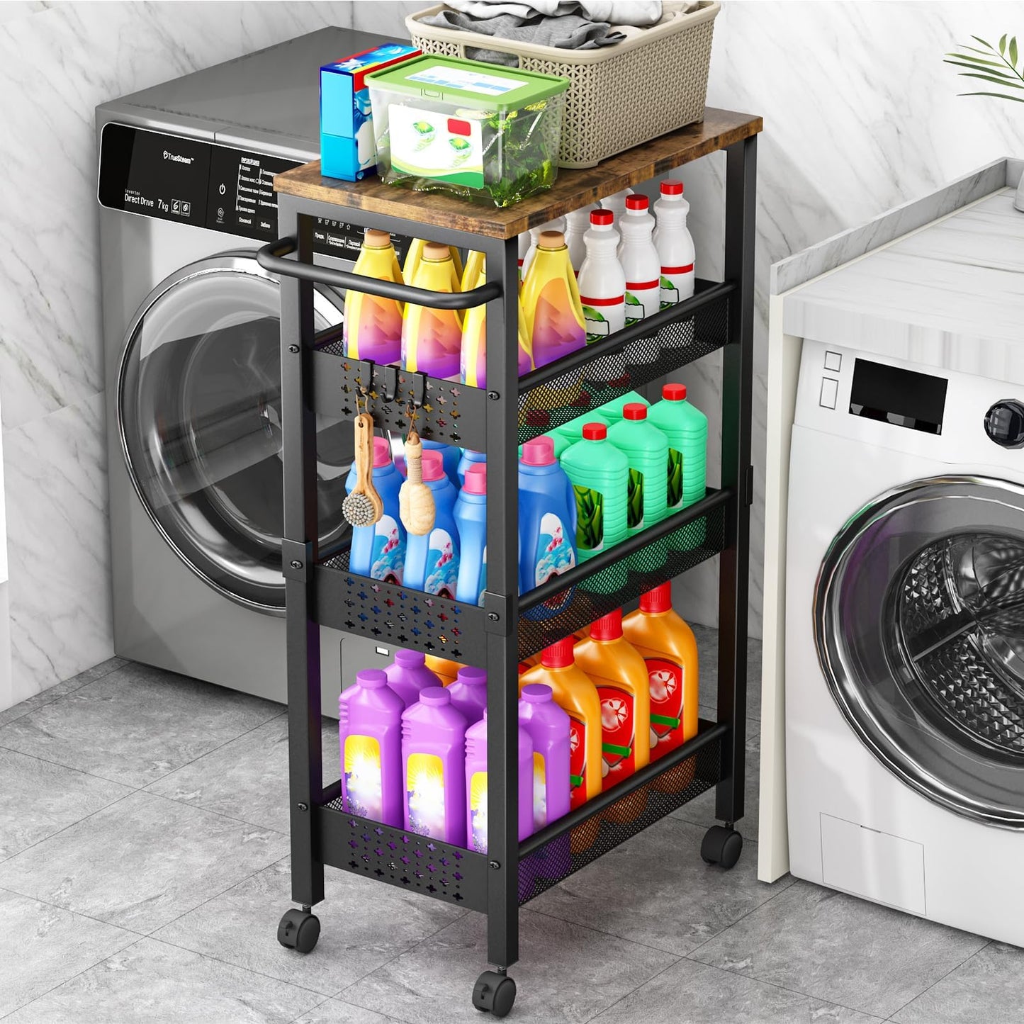 Vivihomety Utility Slim Storage Cart with Wheels, 4 Tier Small Rolling Cart with Wood Top, Metal Kitchen Bathroom Laundry Room Organization Trolley with Handle for Narrow Space – Black
