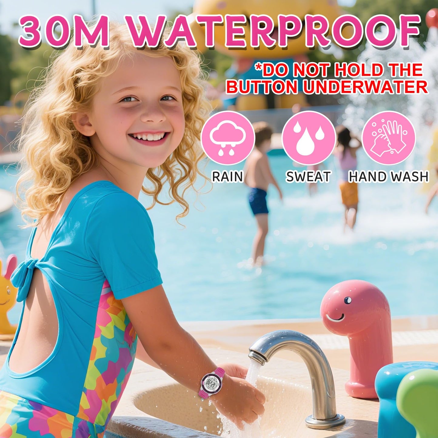 DTKID Digital Kids Watch 30 M Waterproof, 7 Color Lights Time Teaching Watch Easy to Read for Girls Boys 5-16
