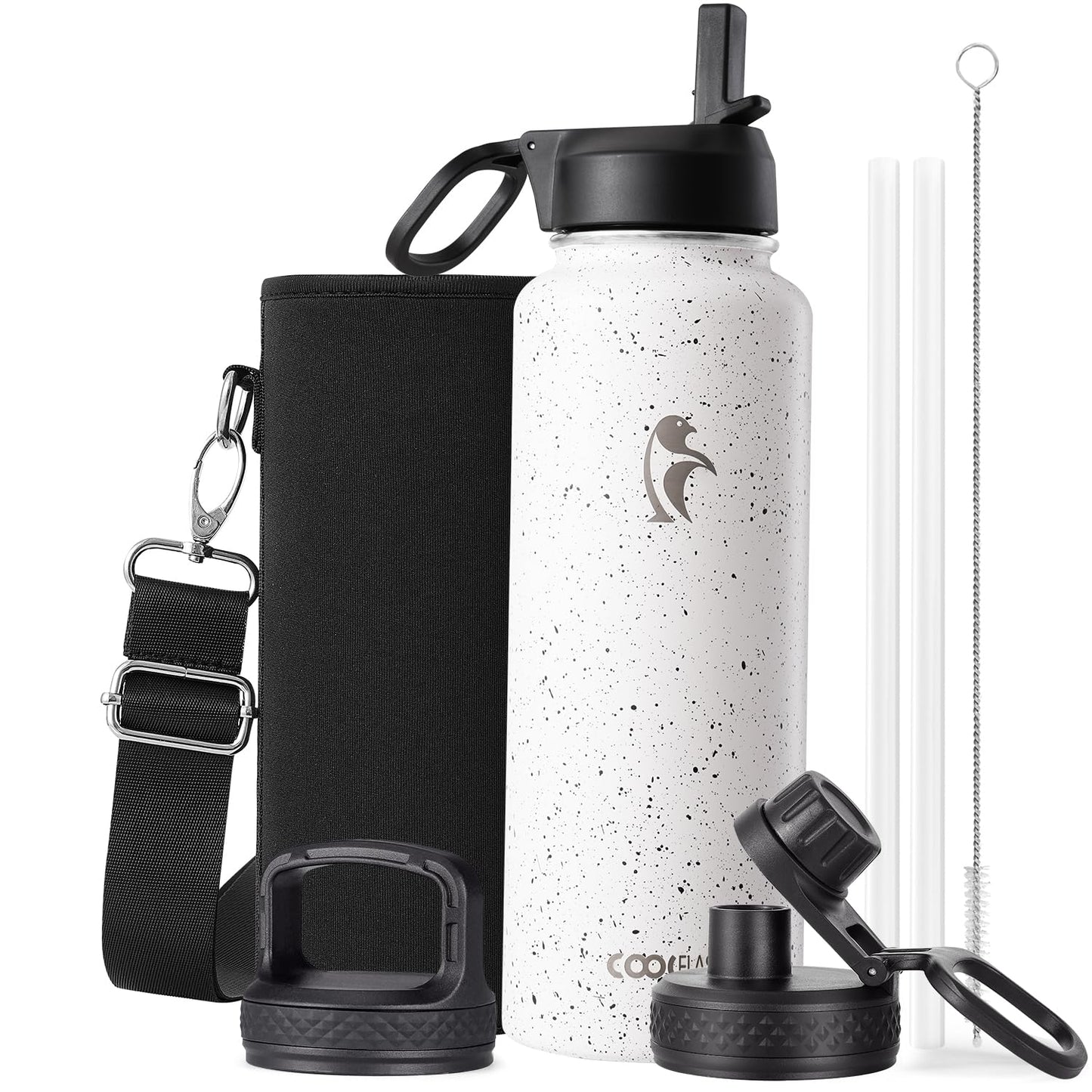 Half Gallon Water Bottle Insulated with Straw & 3 Lids, Coolflask 64 oz Water Jug Large Metal Stainless Steel Wide Mouth for Sports, Gym or Office, Non-BPA Keep Cold 48H Hot 24H, Samurai Cyan
